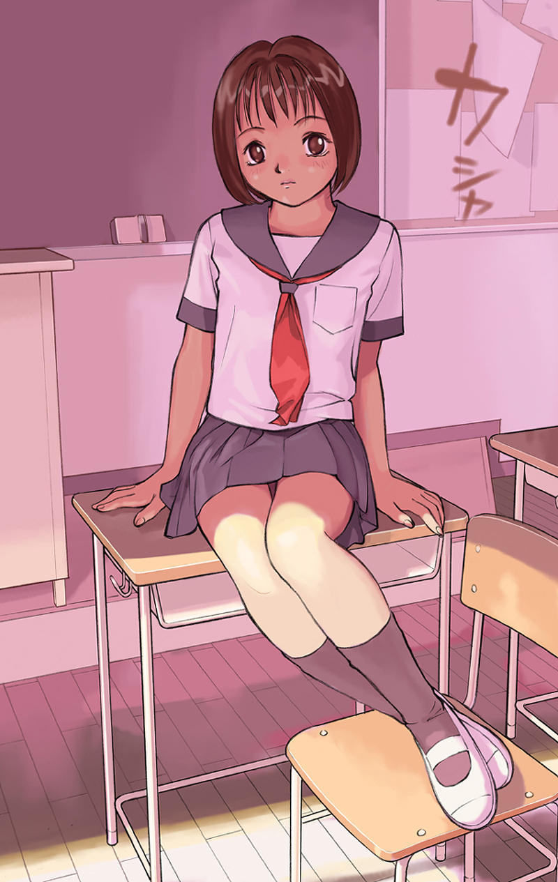 hanainu (orange bullet), highres, 1girl, arm support, board eraser, brown eyes, brown hair, chalkboard, classroom, desk, female focus, indoors, looking at viewer, on desk, pleated skirt, school, school desk, school uniform, serafuku, shoes, short hair, sitting, skirt, socks, solo, thigh gap, thighs, uwabaki, wooden floor