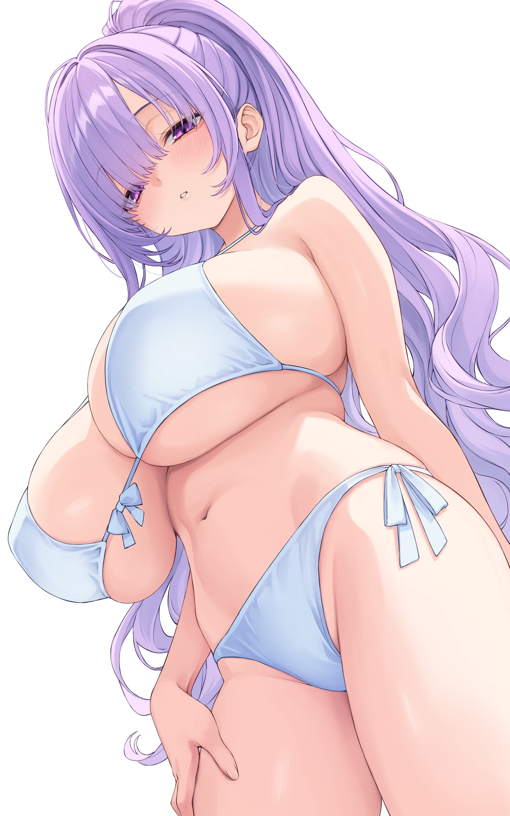 nameko houshi, francoise (eurasia), original, absurdres, highres, 1girl, bikini, blush, breasts, covered erect nipples, cowboy shot, high ponytail, huge breasts, long hair, looking at viewer, ponytail, purple eyes, purple hair, side-tie bikini bottom, simple background, solo, swimsuit, white background