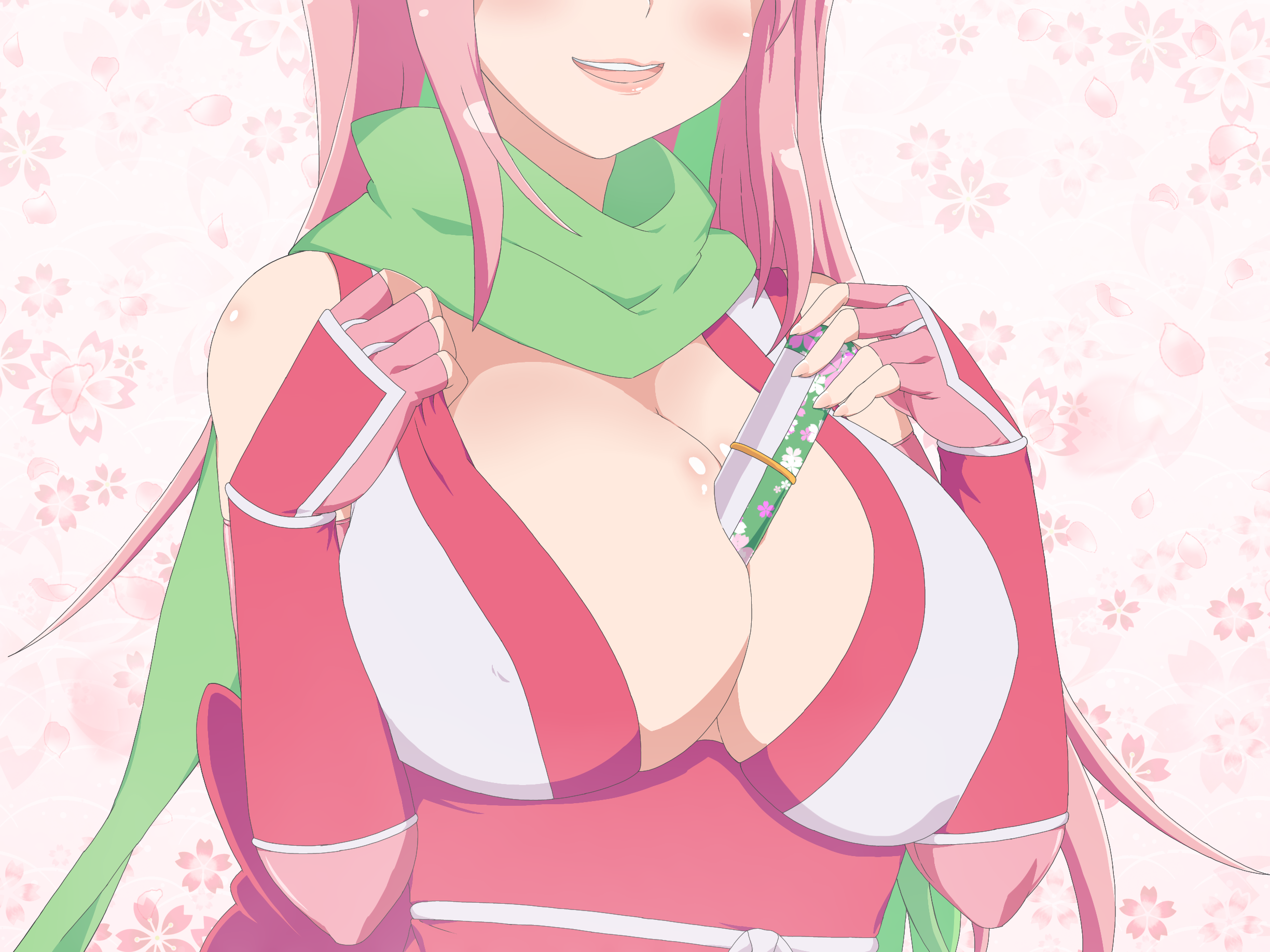 asuno ferro 2, kusagakure sakura, ninja to koroshiya no futarigurashi, highres, 1girl, between breasts, blush, breasts, cleavage, colored inner hair, eyes out of frame, fingerless gloves, floral background, gloves, green hair, head out of frame, japanese clothes, kimono, large breasts, lips, long hair, multicolored hair, ninja, open mouth, pink background, pink hair, pink kimono, scroll, solo, very long hair
