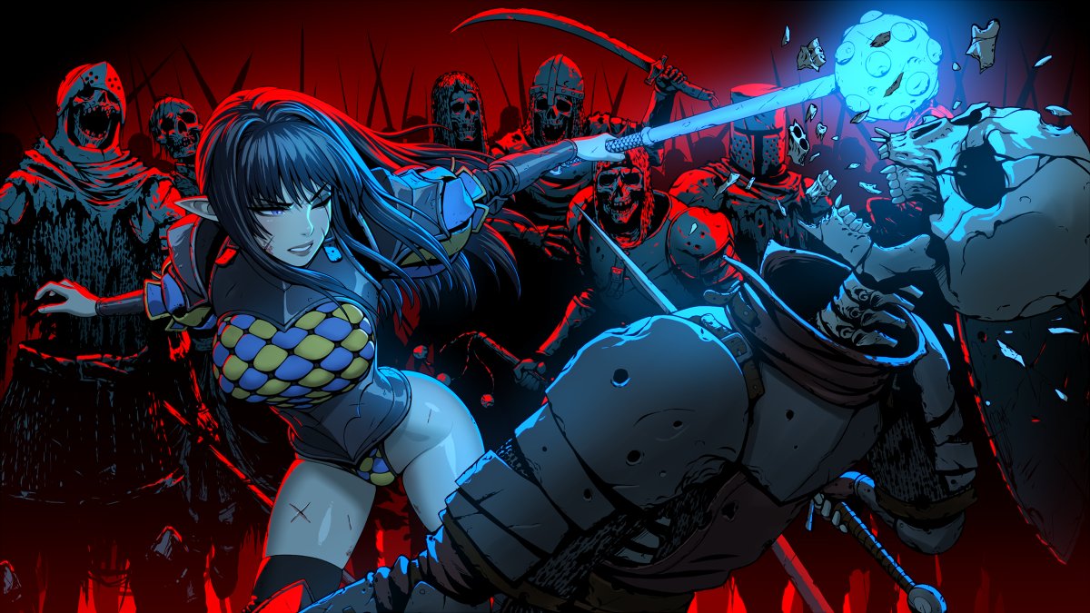 ronindude, original, commentary, english commentary, 1girl, armor, black hair, club (weapon), elf, fantasy, frown, holding, holding club, holding weapon, leotard, long hair, no pants, pointy ears, scar, scar on leg, skeleton, thighhighs, undead, weapon