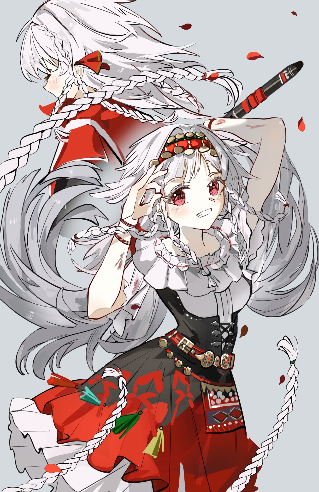 seventeen meimi, rubuska, reverse:1999, highres, 1girl, arms up, facing away, flute, grin, hairband, holding, holding flute, holding instrument, instrument, long hair, looking at viewer, miniskirt, multiple views, ok sign, quad braids, red eyes, red hairband, red skirt, shirt, short sleeves, skirt, smile, white hair, white shirt