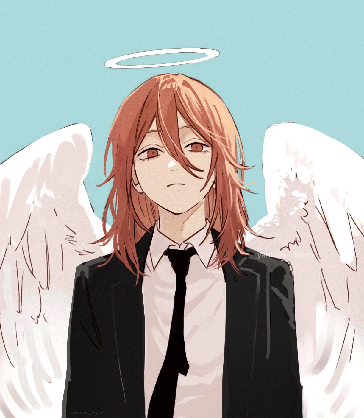 yamada (onigori105), angel devil (chainsaw man), chainsaw man, highres, 1boy, angel, angel wings, black jacket, black necktie, black suit, business suit, feathered wings, formal clothes, glowing, glowing halo, halo, jacket, necktie, shirt tucked in, suit, suit jacket, traditional halo, white wings, wings