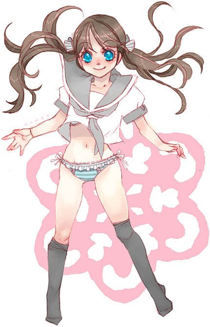 hagihara takeo, original, bad id, bad pixiv id, 1girl, blue eyes, bra, brown hair, clothes lift, female focus, hair ribbon, kneehighs, lingerie, long hair, no pants, panties, ribbon, school uniform, serafuku, shirt lift, side-tie panties, socks, solo, striped clothes, striped panties, twintails, underwear, wind, wind lift