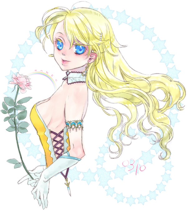 hagihara takeo, celes chere, final fantasy, final fantasy vi, 1990s (style), 1girl, bare shoulders, blonde hair, blue eyes, breasts, collar, detached collar, earrings, elbow gloves, female focus, flower, gloves, jewelry, long hair, off shoulder, retro artstyle, sideboob, solo