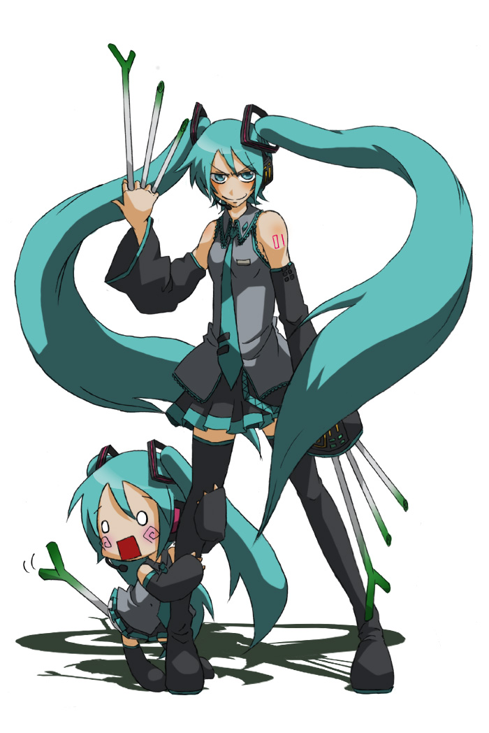 tori (artist), tori (hiyoko bazooka), hachune miku, hatsune miku, vocaloid, 2girls, aqua eyes, aqua hair, blush, boots, detached sleeves, evil grin, evil smile, grin, headset, long hair, multiple girls, necktie, negi suppository, shadow, skirt, smile, spring onion, thigh boots, thighhighs, twintails, very long hair, zettai ryouiki