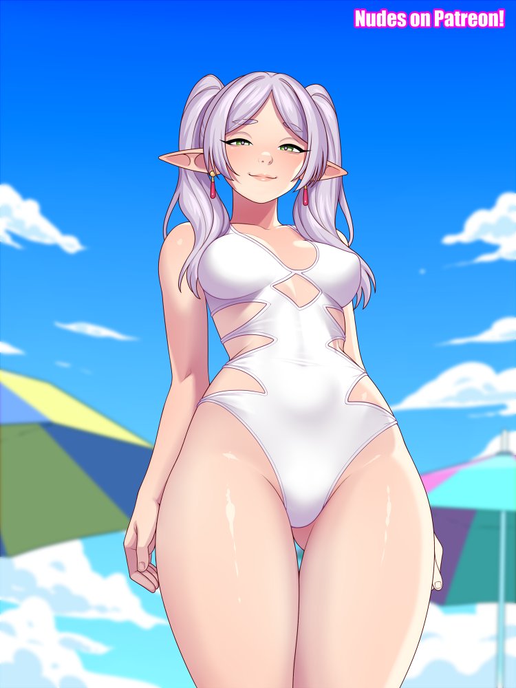 ronindude, frieren, sousou no frieren, commentary, 1girl, beach umbrella, breasts, clothing cutout, cloud, cloudy sky, covered navel, day, earrings, elf, green eyes, hip vent, jewelry, looking at viewer, one-piece swimsuit, outdoors, pointy ears, sky, smile, solo, standing, swimsuit, twintails, umbrella, white hair, white one-piece swimsuit