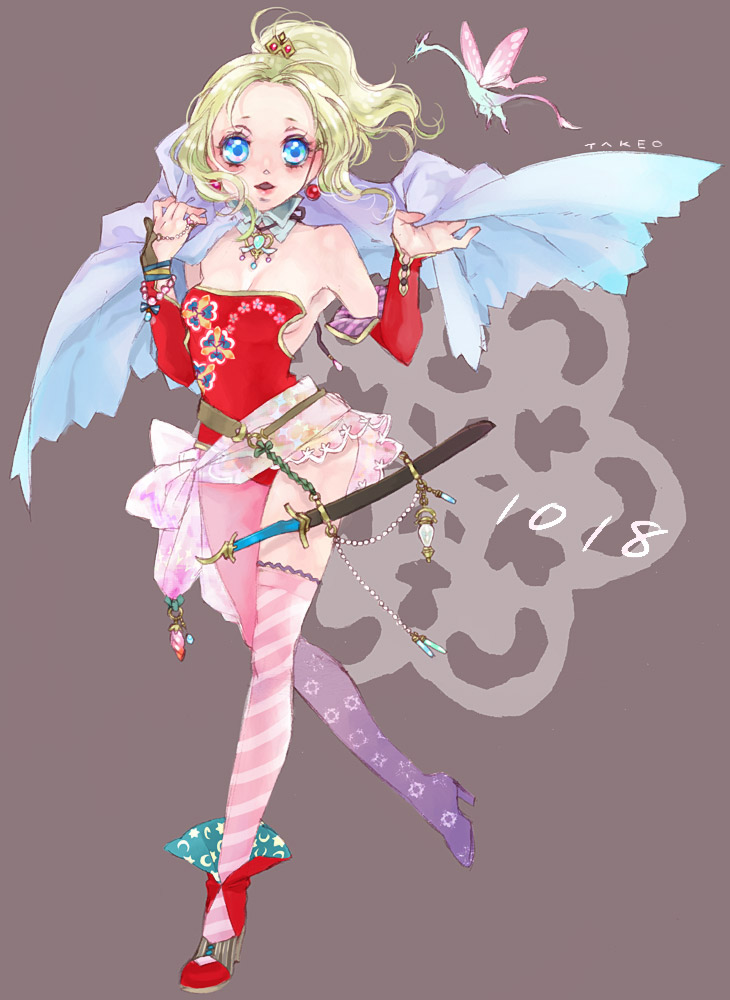 hagihara takeo, tina branford, final fantasy, final fantasy vi, 1990s (style), 1girl, asymmetrical clothes, asymmetrical footwear, bare shoulders, blue eyes, boots, breasts, cape, detached sleeves, earrings, female focus, full body, green hair, jewelry, mismatched footwear, pantyhose, ponytail, retro artstyle, skirt, small breasts, solo, sword, thighhighs, weapon