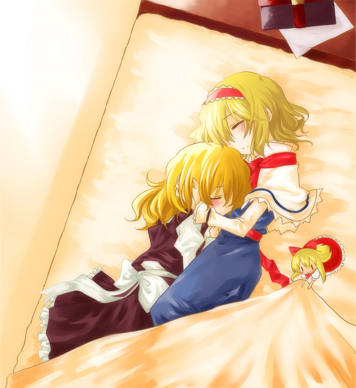 myama, alice margatroid, kirisame marisa, shanghai doll, touhou, bad id, bad pixiv id, 2girls, blonde hair, blush, closed eyes, doll, female focus, hairband, hug, letter, long hair, lying, multiple girls, on side, paper, short hair, sleeping, under covers, yuri