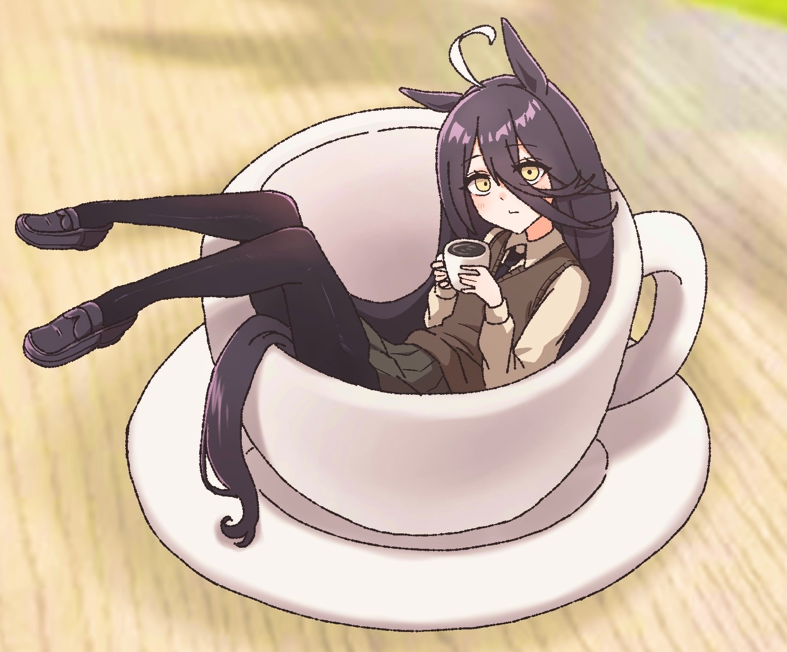 echieichi, manhattan cafe (umamusume), umamusume, highres, 1girl, ahoge, animal ears, black hair, black pantyhose, black shoes, brown sweater vest, coffee mug, cup, dyed ahoge, full body, hair between eyes, holding, holding cup, horse ears, horse girl, horse tail, in container, in cup, loafers, long hair, long sleeves, looking at viewer, mini person, minigirl, mug, pantyhose, pleated skirt, shoes, skirt, solo, sweater vest, tail, yellow eyes