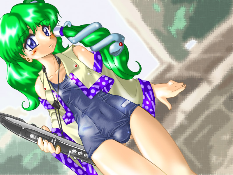 winn, kochiya sanae, touhou, 1girl, blue eyes, detached sleeves, dutch angle, electric wind instrument, female focus, green hair, instrument, one-piece swimsuit, school swimsuit, solo, swimsuit