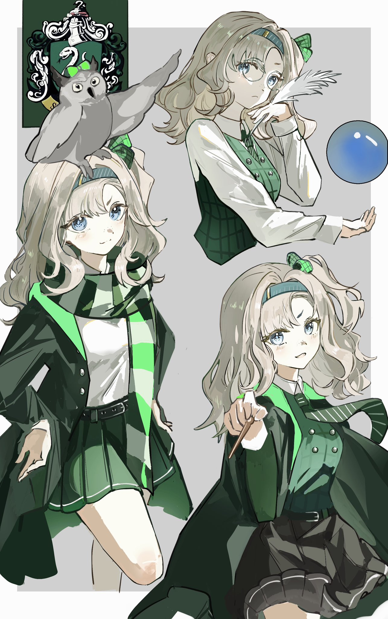 seventeen meimi, matilda bouanich, harry potter (series), reverse:1999, wizarding world, highres, 1girl, animal, animal on head, bird, bird on head, black skirt, blue eyes, blue hairband, border, crystal ball, glasses, green necktie, green robe, green skirt, green vest, grey background, grey hair, hairband, hogwarts school uniform, holding, holding quill, leg up, medium hair, miniskirt, multiple views, necktie, on head, one side up, outside border, owl, pleated skirt, quill, robe, round eyewear, school uniform, shirt, skirt, slytherin, standing, standing on one leg, vest, white border, white shirt