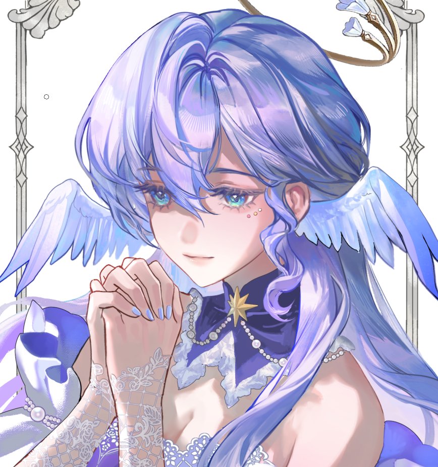 do myzu, robin (honkai: star rail), honkai: star rail, honkai (series), 1girl, bare shoulders, blue hair, blue nails, breasts, cleavage, collar, floral print, frills, gem, green eyes, hair between eyes, halo, halo behind head, head wings, jewel under eye, long hair, own hands together, pearl (gemstone), purple collar, sparkling eyes, star (symbol), wings