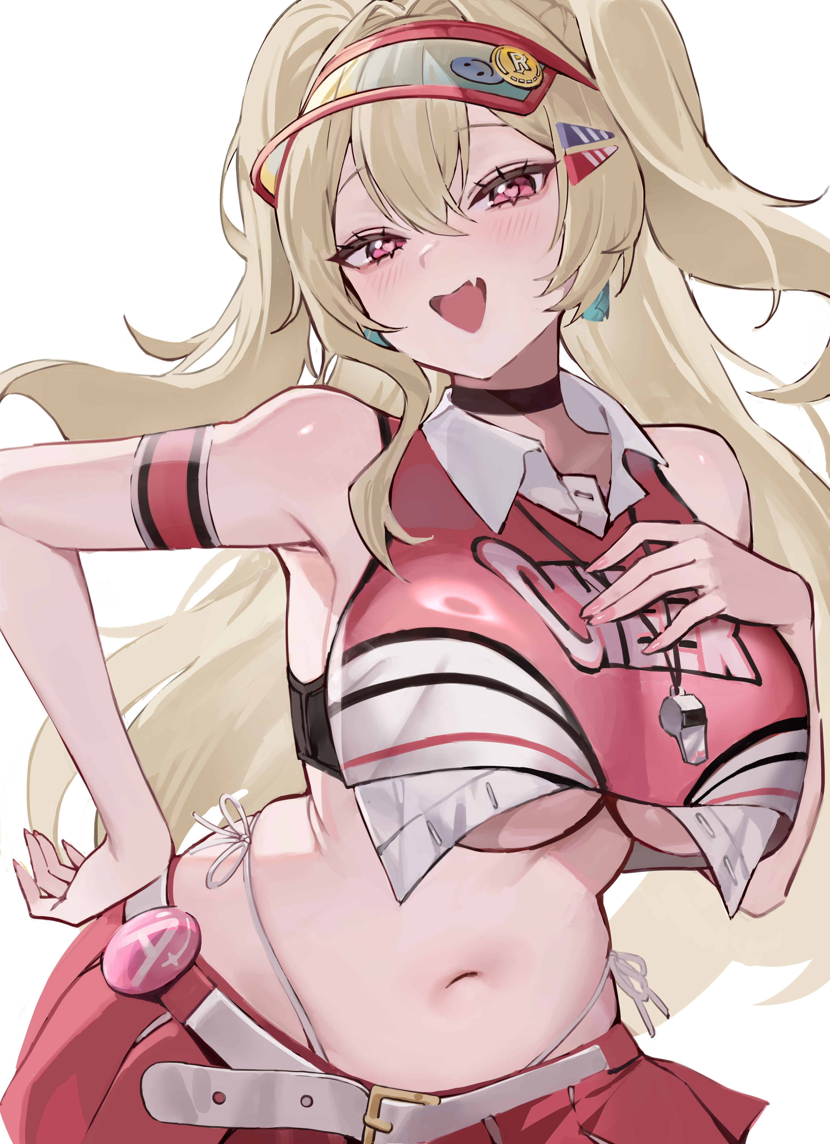 clay (nikke), goddess of victory: nikke, absurdres, commentary, highres, 1girl, :d, armband, bare shoulders, belt, black choker, blonde hair, blush, breasts, cheerleader, choker, clothes writing, collared shirt, cowboy shot, crop top, crossed bangs, eoboong, fang, hair between eyes, hair intakes, hand on own chest, hand on own hip, heart, heart-shaped pupils, highleg, highleg panties, large breasts, long hair, looking at viewer, navel, open mouth, panties, panty straps, pleated skirt, red armband, red eyes, red shirt, red skirt, shirt, sidelocks, simple background, skin fang, skirt, smile, solo, standing, stomach, symbol-shaped pupils, two side up, underboob, underwear, visor cap, whistle, whistle around neck, white background, white belt, white shirt