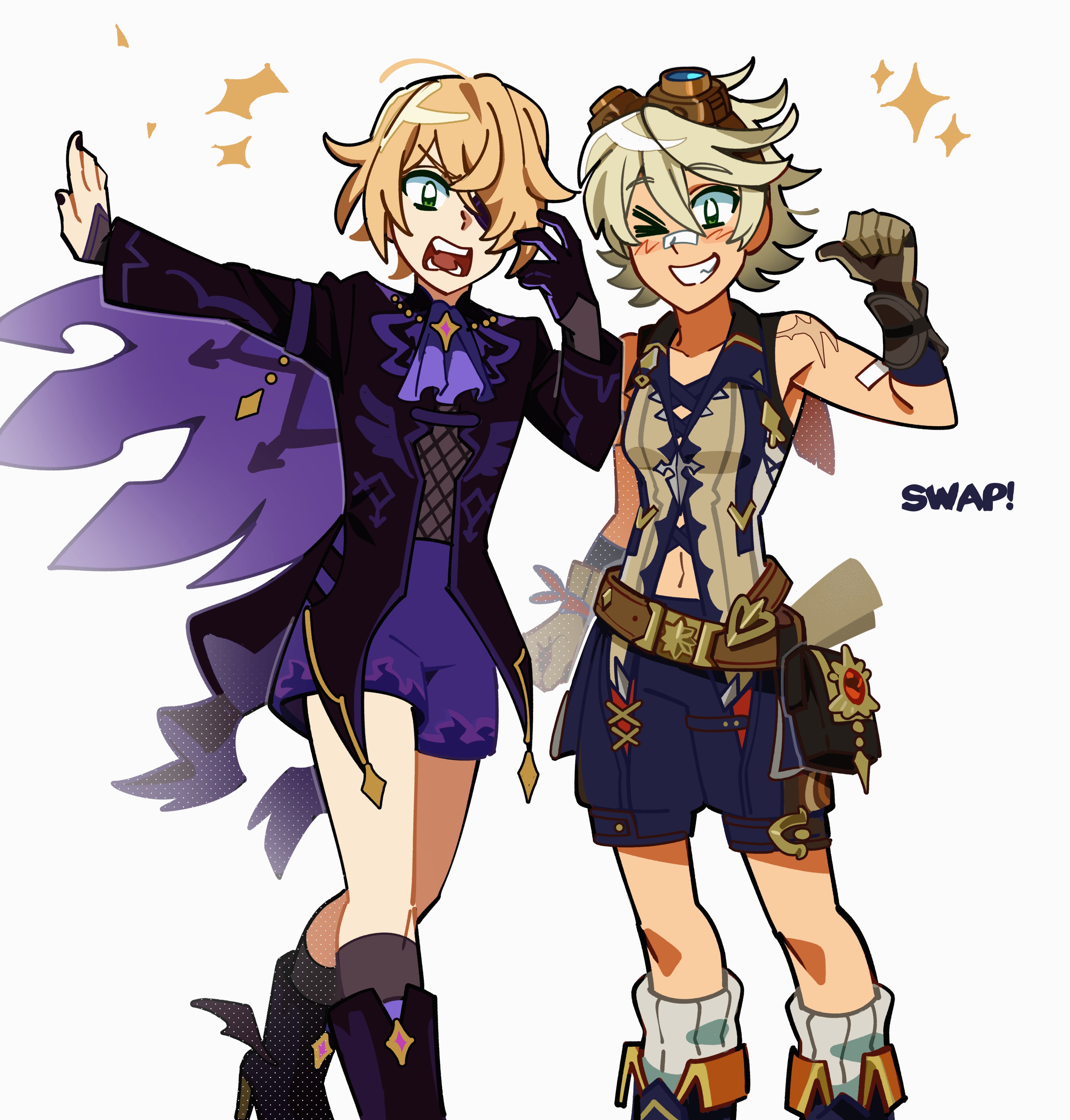 rockboi4u, bennett (genshin impact), fischl (genshin impact), genshin impact, absurdres, highres, > o, 1boy, 1girl, adapted costume, arm at side, arm up, arms up, ascot, bandaid, bandaid on arm, bare shoulders, belt, blonde hair, blush, boots, eyepatch, feet out of frame, fingernails, fishnets, genderswap, genderswap (ftm), genderswap (mtf), gloves, goggles, goggles on head, green eyes, grey hair, grin, hair between eyes, jacket, long sleeves, looking at viewer, nail polish, navel, one eye closed, one eye covered, open mouth, outstretched arm, pouch, scar, scar on shoulder, short hair, shorts, single glove, smile, standing, v-shaped eyebrows, vest