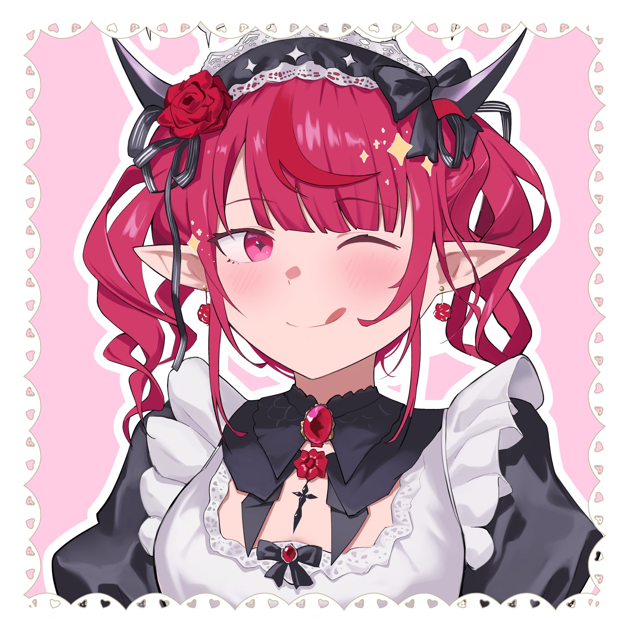shift (shiftillust), irys (hololive), irys (maid) (hololive), hololive, hololive english, highres, 1girl, apron, black dress, blush, border, dress, earrings, jewelry, maid, maid headdress, multicolored hair, one eye closed, pink background, pointy ears, purple eyes, purple hair, red hair, simple background, solo, streaked hair, tongue, tongue out, two-tone hair, virtual youtuber, white border