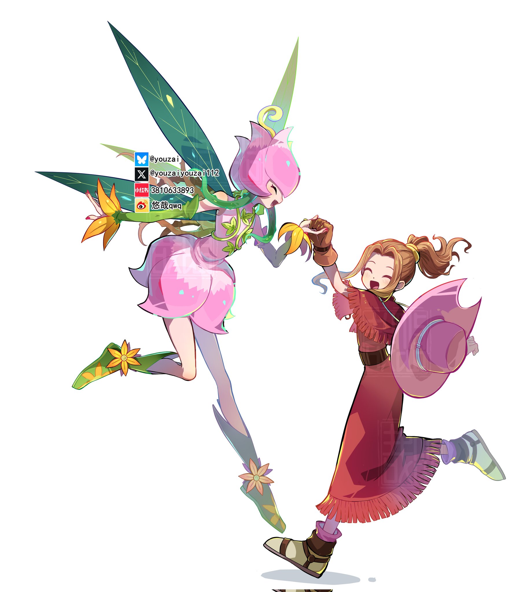 youzaiyouzai112, lilimon, tachikawa mimi, digimon, digimon adventure, highres, 2girls, blush, brown gloves, brown hair, closed eyes, detached sleeves, dress, full body, gloves, green hair, green sleeves, happy, hat, high ponytail, holding hands, long hair, midair, multiple girls, pink dress, pink hat, ponytail, red dress, running, simple background, white background