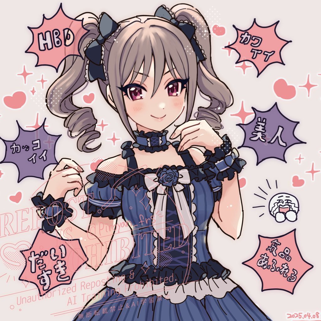 piroyan, kanzaki ranko, idolmaster, idolmaster cinderella girls, 1girl, choker, dress, drill hair, english text, grey hair, heart, japanese text, purple eyes, smile, twin drills, watermark, wrist cuffs