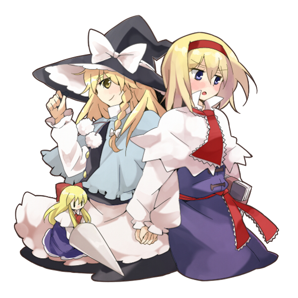kiji (manekinuko-tei), alice margatroid, kirisame marisa, shanghai doll, touhou, 2girls, blonde hair, blue eyes, blush, female focus, hat, holding hands, multiple girls, skirt, smile, witch, witch hat, yellow eyes