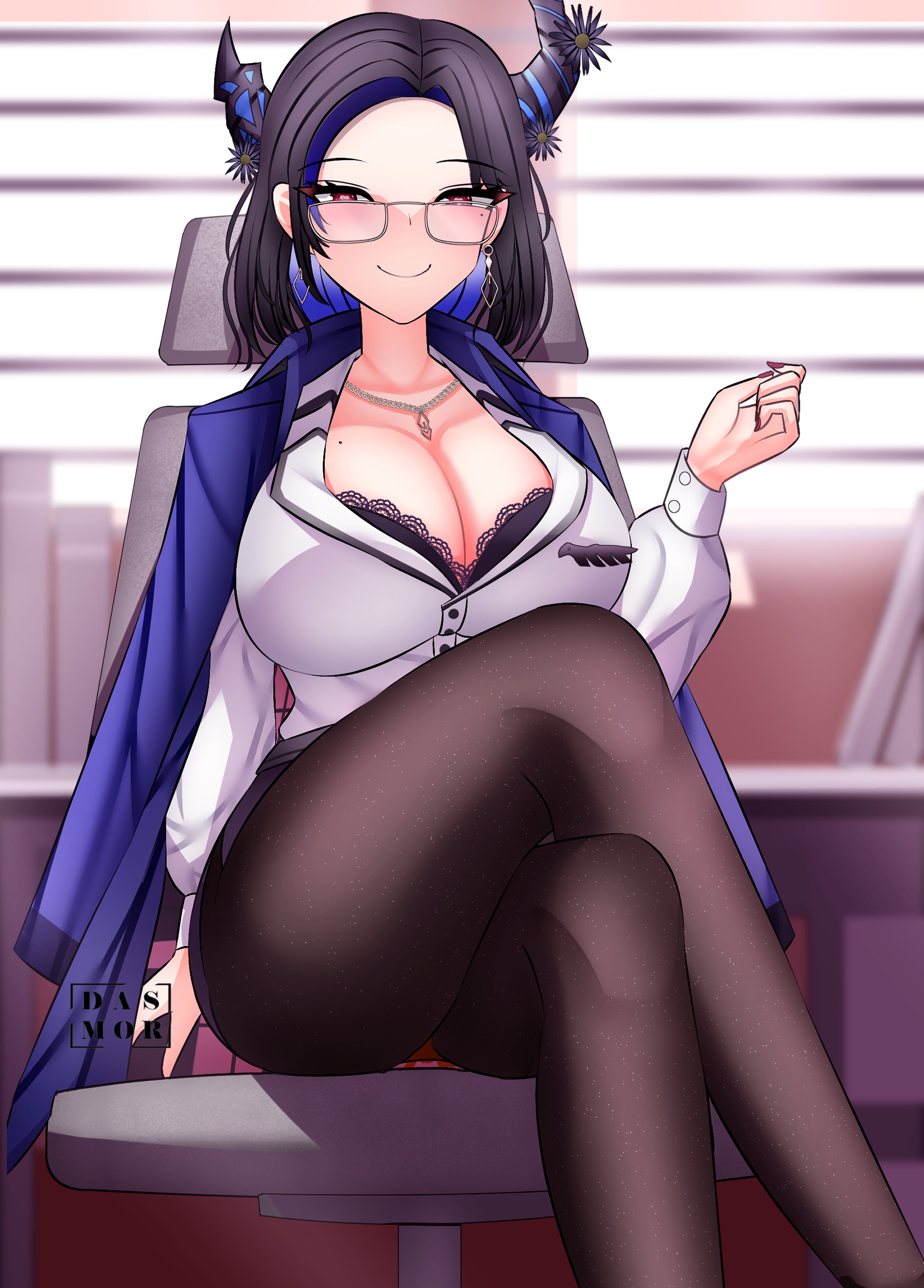 dasmortred, nerissa ravencroft, nerissa ravencroft (casual), hololive, hololive english, absurdres, highres, 1girl, black bra, black hair, black pantyhose, black skirt, blue hair, blurry, blurry background, blush, bra, breasts, chair, cleavage, crossed legs, glasses, hat, indoors, large breasts, mole, mole under eye, pantyhose, purple eyes, sitting, skirt, smile, solo, underwear, virtual youtuber, white hat