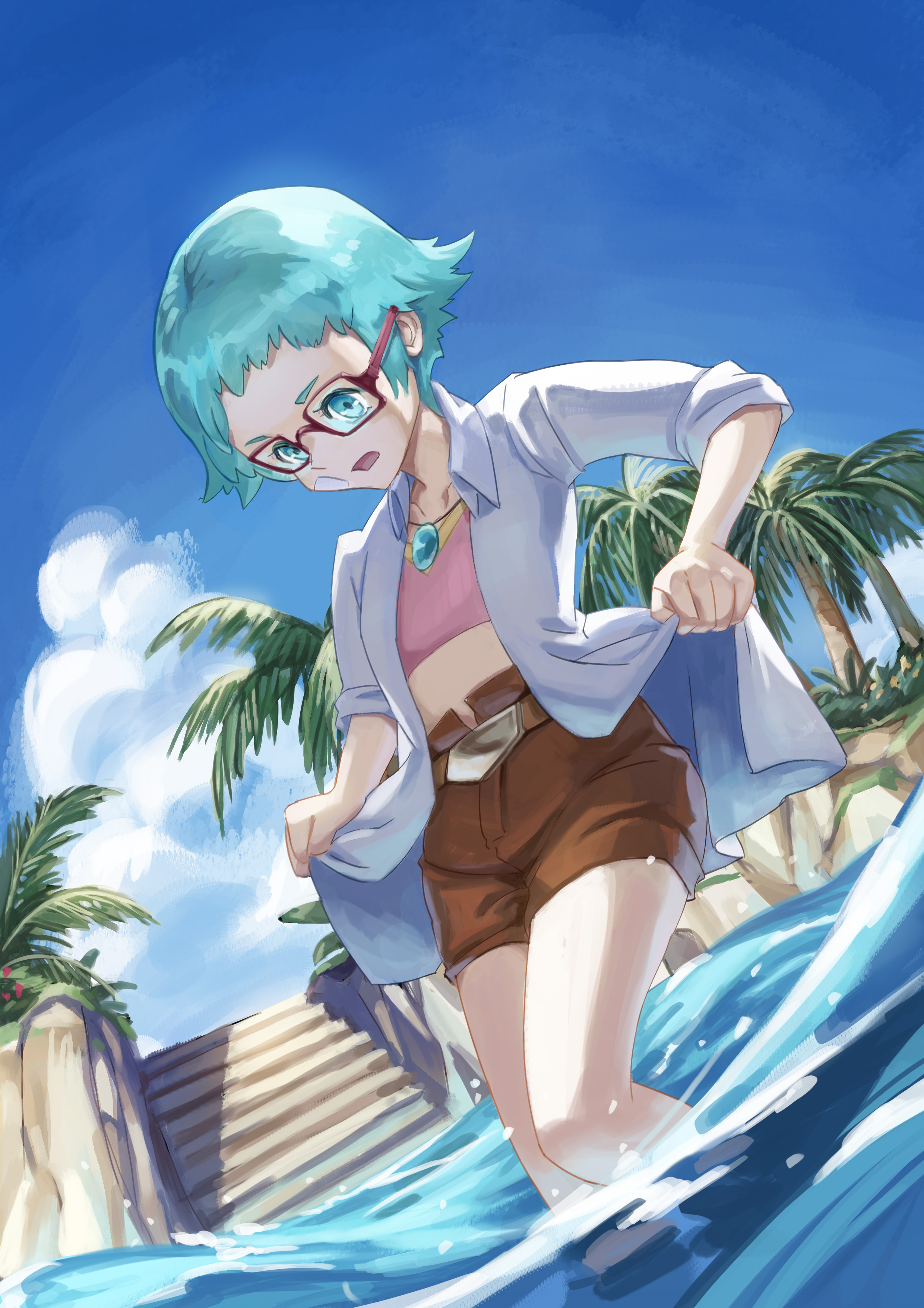 nizinoazuki, nema (pokemon), nintendo, pokemon, pokemon ranger: guardian signs, pokemon ranger (series), absurdres, highres, 1girl, bandaid, bandaid on face, blue eyes, blue hair, blue sky, brown shorts, coat, crop top, glasses, lab coat, looking down, midriff, open clothes, open coat, open mouth, palm tree, red-framed eyewear, short hair, shorts, sky, solo, tree, wading, water, white coat