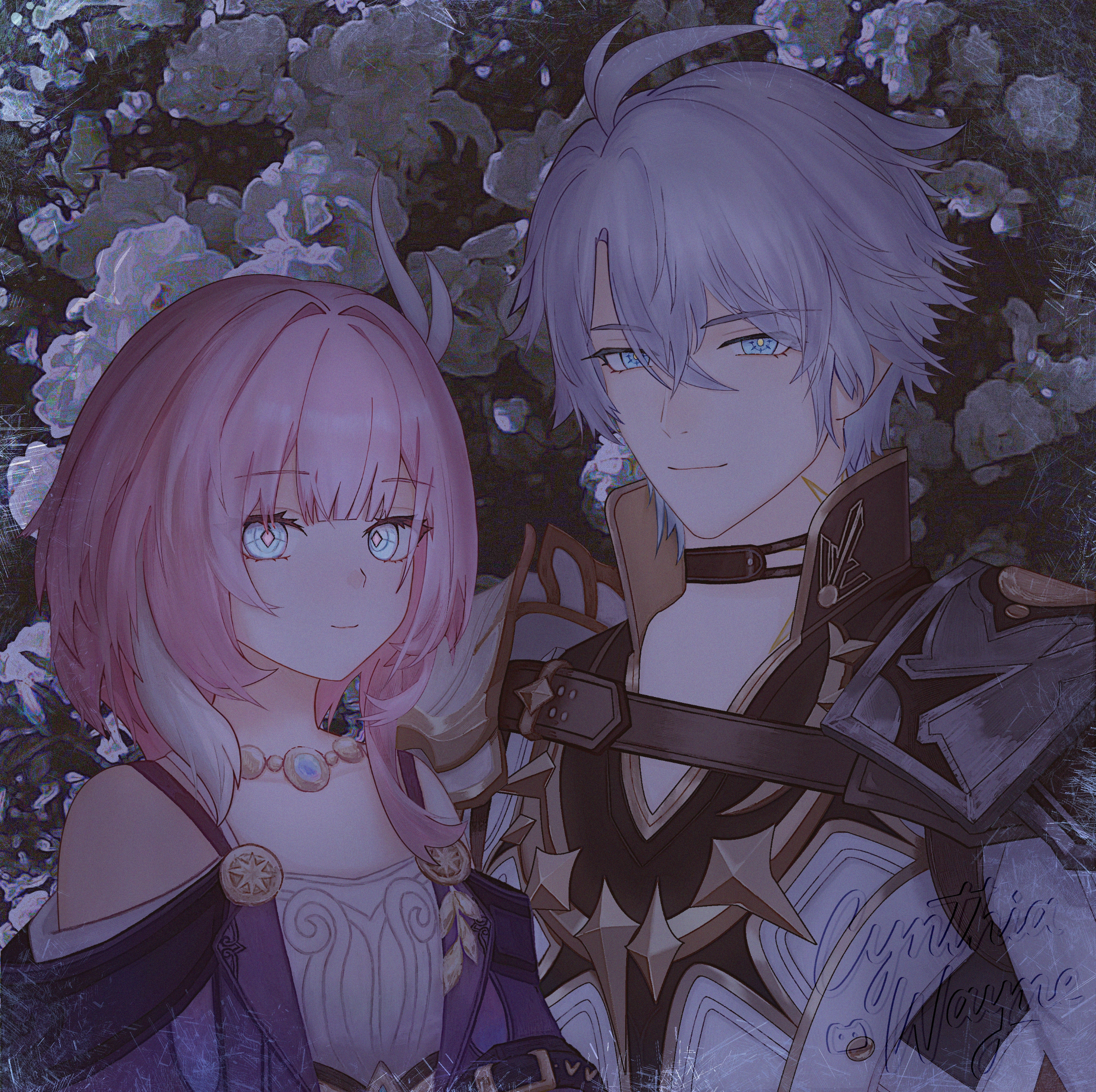 cyrene (honkai: star rail), phainon (honkai: star rail), honkai: star rail, honkai (series), absurdres, chinese commentary, commentary request, highres, 1boy, 1girl, ahoge, artist name, bare shoulders, blue eyes, breasts, coat, cynthia wayne, cyrene (aedes elysiae) (honkai: star rail), dress, hair ornament, jewelry, multicolored hair, necklace, purple coat, short hair, small breasts, two-tone hair, white coat, white dress, white hair