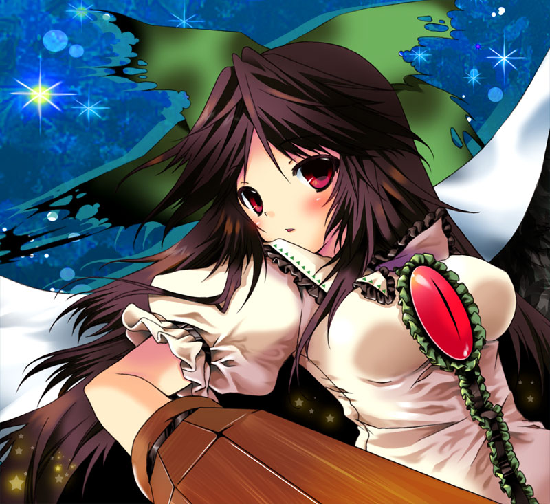 yuunagi seshina, reiuji utsuho, touhou, 1girl, blush, breasts, brown eyes, brown hair, female focus, long hair, medium breasts, ribbon, solo, wings