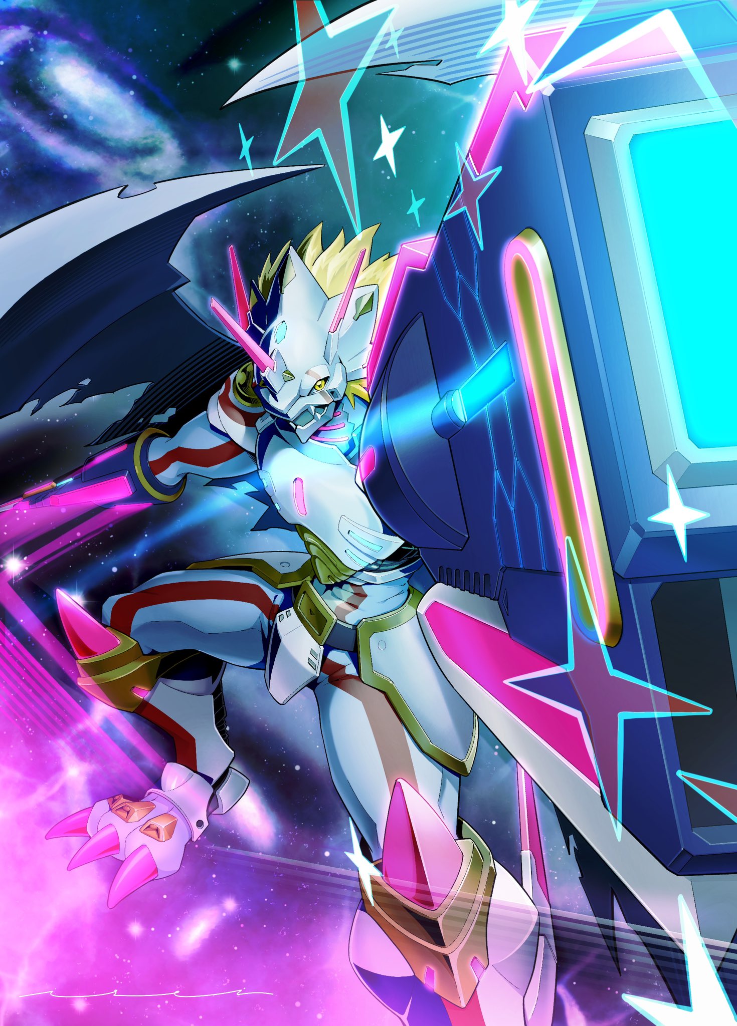 isei0212, siriusmon, digimon, highres, aiming, aiming at viewer, arm blade, arm cannon, armor, blonde hair, digimon (creature), dragon, dragon wings, energy cannon, foot out of frame, glowing, horns, short hair, solo, space, sword, weapon, white armor, wings, yellow eyes