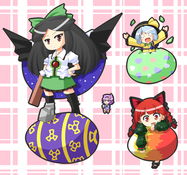 urushi, kaenbyou rin, komeiji koishi, komeiji satori, reiuji utsuho, touhou, 4girls, animal ears, black hair, blush stickers, braid, brown eyes, cat ears, cat girl, cat tail, eating, egg, female focus, hat, long hair, multiple girls, pink hair, purple eyes, red eyes, red hair, ribbon, short hair, skirt, tail, twintails, white hair, wings