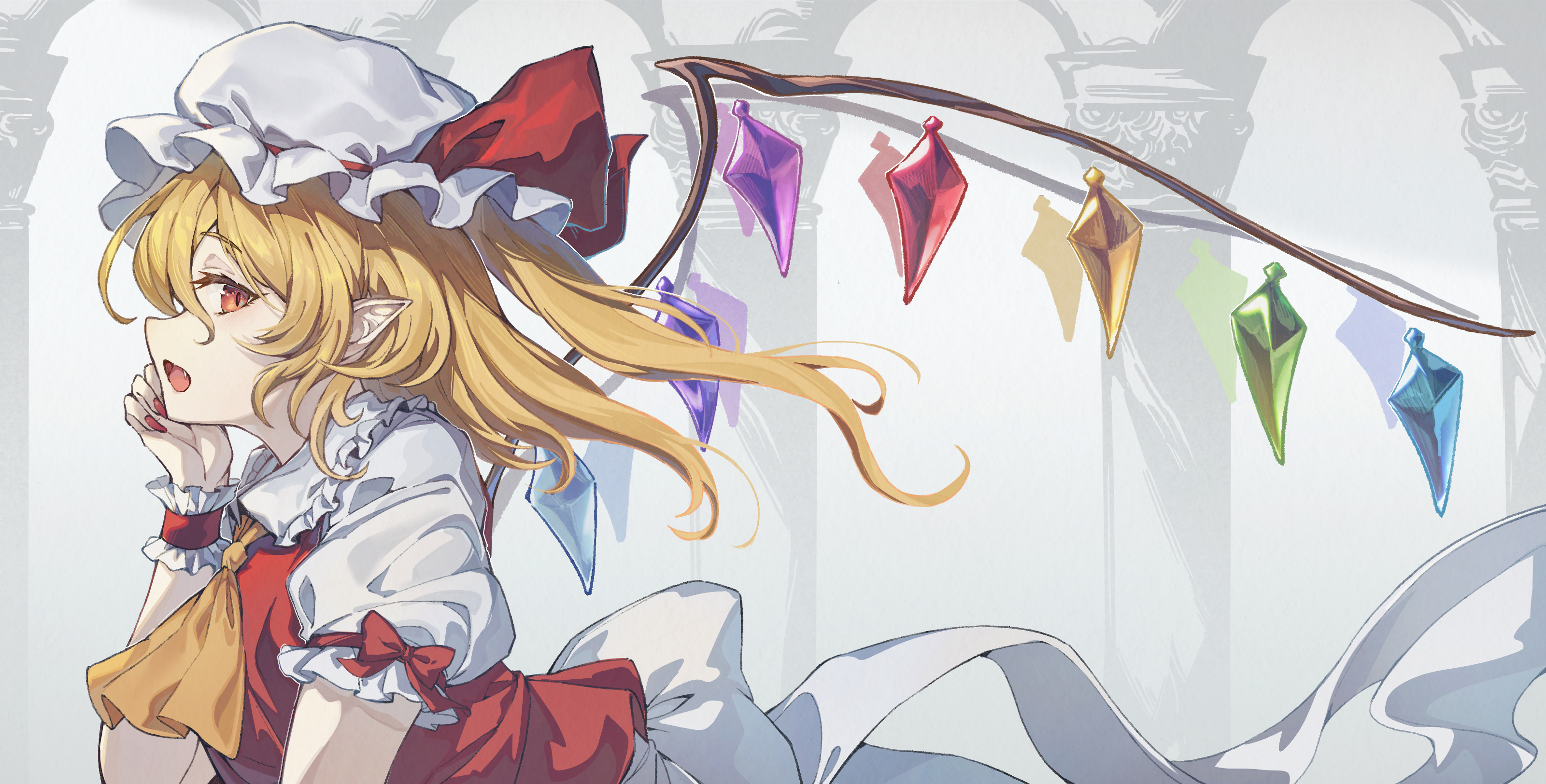 shishui guima, flandre scarlet, touhou, absurdres, commentary, highres, textless version, 1girl, ascot, blonde hair, bow, collared shirt, crystal, crystal wings, fang, frilled shirt collar, frills, hat, hat ribbon, looking at viewer, mob cap, multicolored wings, one side up, open mouth, pointy ears, red bow, red eyes, red nails, red vest, ribbon, shirt, sleeve bow, smile, solo, vest, white hat, white shirt, wings, yellow ascot