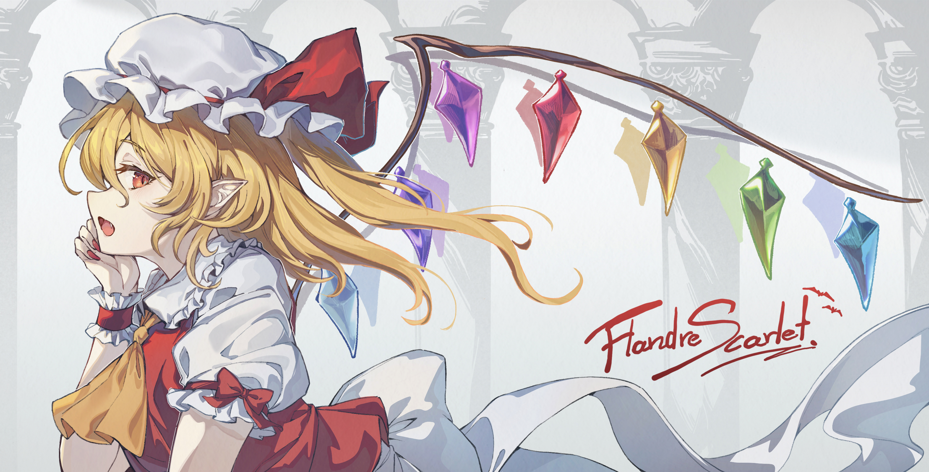 shishui guima, flandre scarlet, touhou, absurdres, commentary, highres, 1girl, ascot, blonde hair, bow, character name, collared shirt, crystal, crystal wings, fang, frilled shirt collar, frills, hat, hat ribbon, looking at viewer, mob cap, multicolored wings, one side up, open mouth, pointy ears, red bow, red eyes, red nails, red vest, ribbon, shirt, sleeve bow, smile, solo, vest, white hat, white shirt, wings, yellow ascot