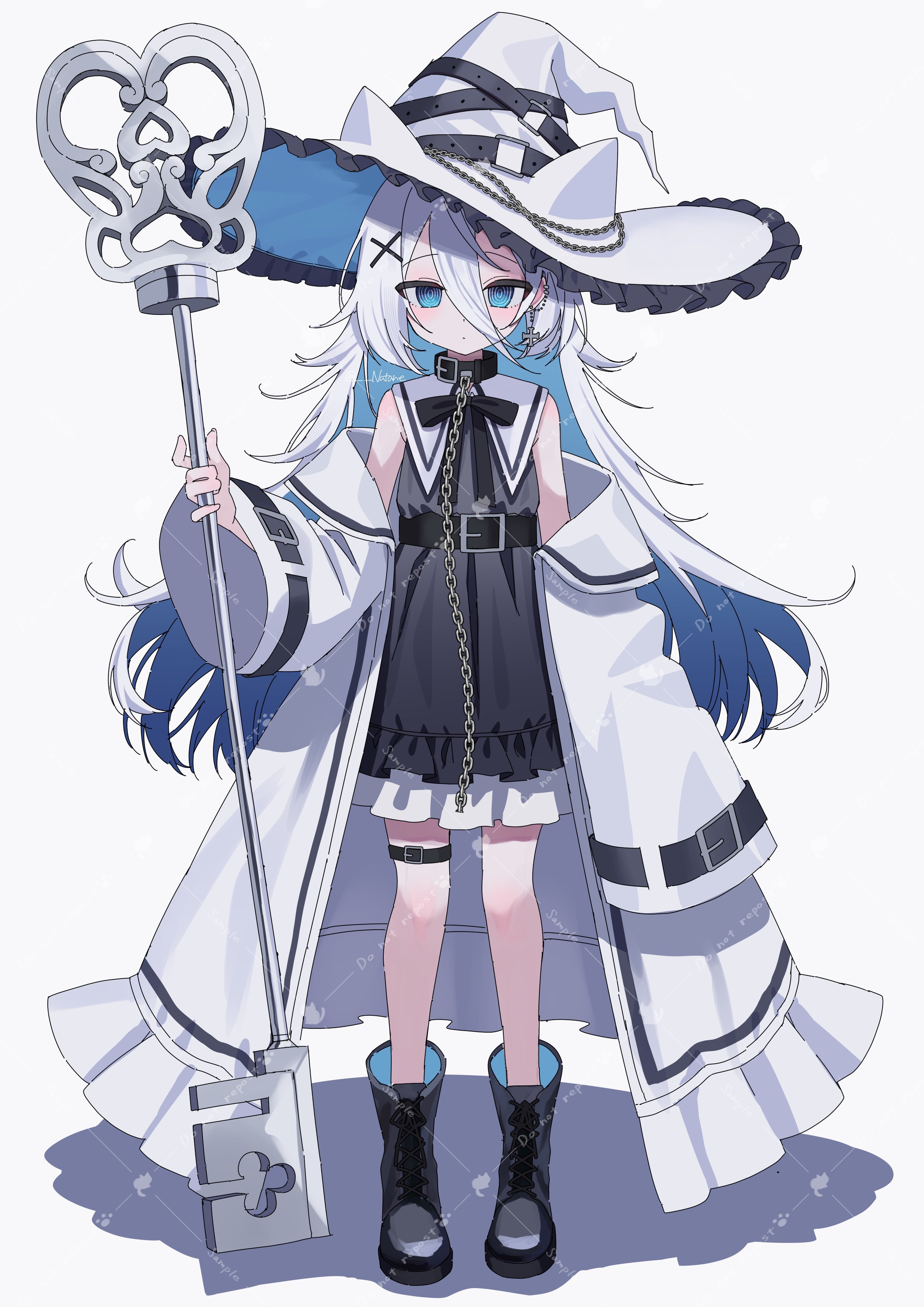 squallea, original, absurdres, highres, 1girl, animal ear headwear, belt, belt collar, black belt, black boots, black dress, blue eyes, blue hair, boots, coat, collar, colored inner hair, dress, fake animal ears, full body, hat, holding, holding staff, long sleeves, looking at viewer, multicolored hair, no pupils, off shoulder, open clothes, open coat, ringed eyes, sleeveless, sleeveless dress, solo, staff, standing, thigh strap, white coat, white hair, white hat, wide sleeves, witch, witch hat
