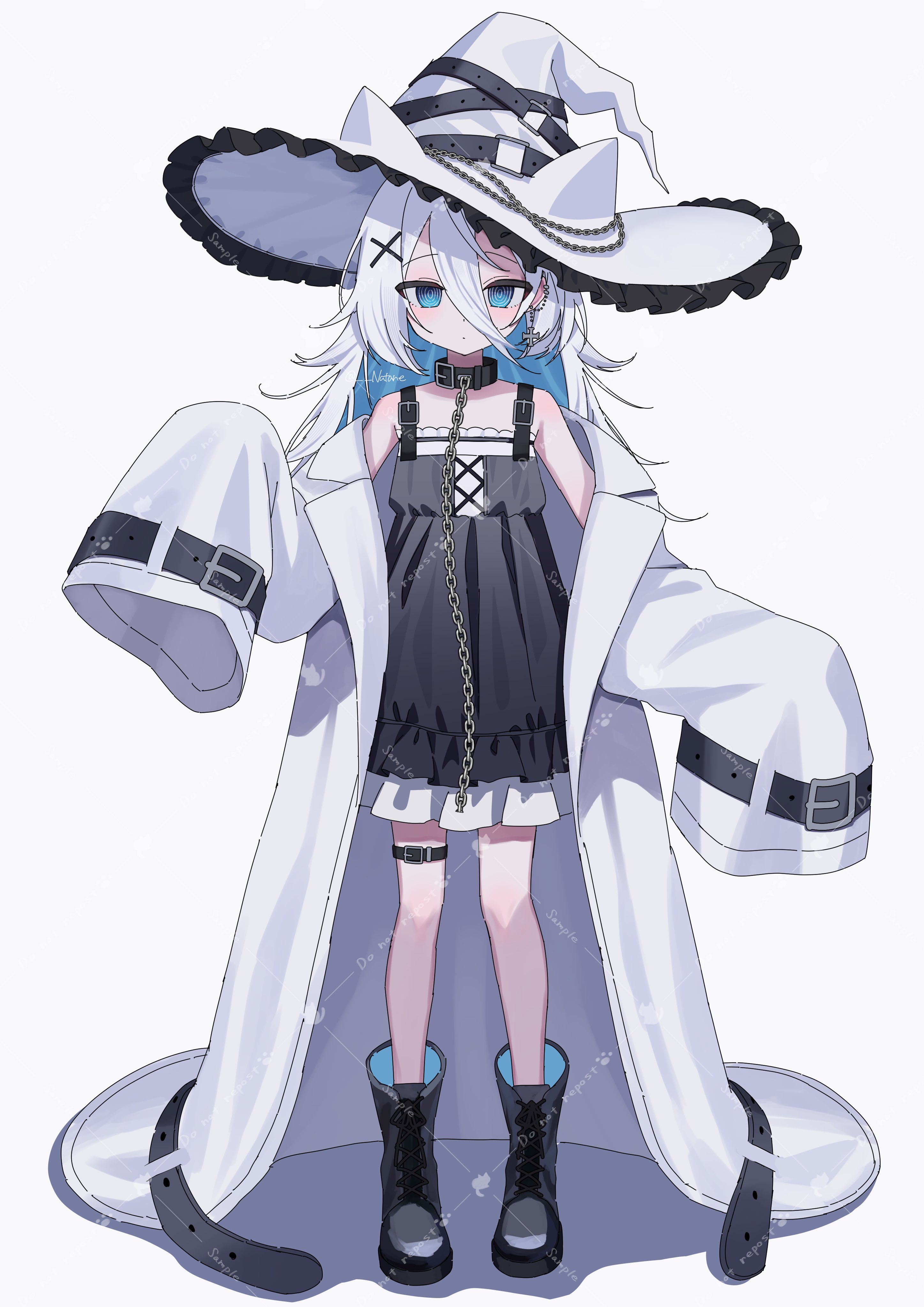 squallea, original, absurdres, highres, 1girl, animal ear headwear, belt, belt collar, black belt, black boots, black dress, blue eyes, blue hair, boots, coat, collar, colored inner hair, dress, fake animal ears, full body, hat, long sleeves, looking at viewer, multicolored hair, no pupils, off shoulder, open clothes, open coat, ringed eyes, sleeveless, sleeveless dress, solo, standing, thigh strap, white coat, white hair, white hat, wide sleeves, witch, witch hat