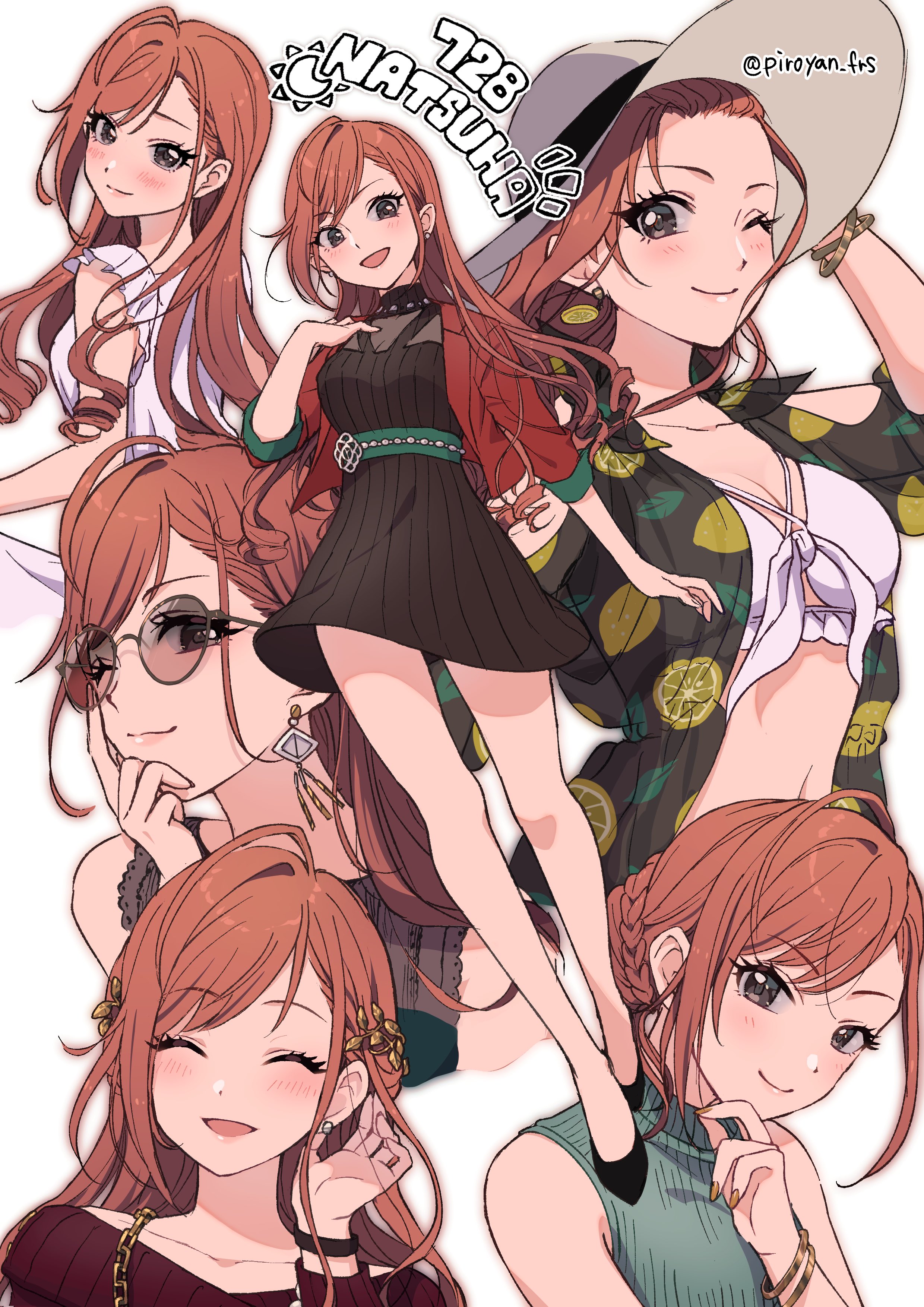 piroyan, arisugawa natsuha, idolmaster, idolmaster shiny colors, bikini, braid, closed eyes, dress, earrings, english text, glasses, grey eyes, hat, jewelry, open mouth, orange hair, swimsuit, watermark