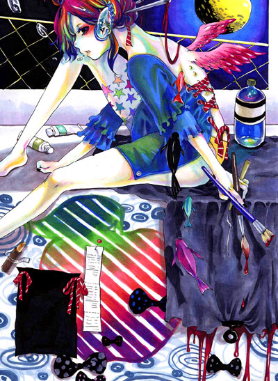 source request, 1girl, abstract, art brush, back, blue eyes, bodypaint, colorful, female focus, fish, hair bun, makeup, moon, multicolored hair, paint, paintbrush, single hair bun, sitting, solo, star (symbol), surreal, wings