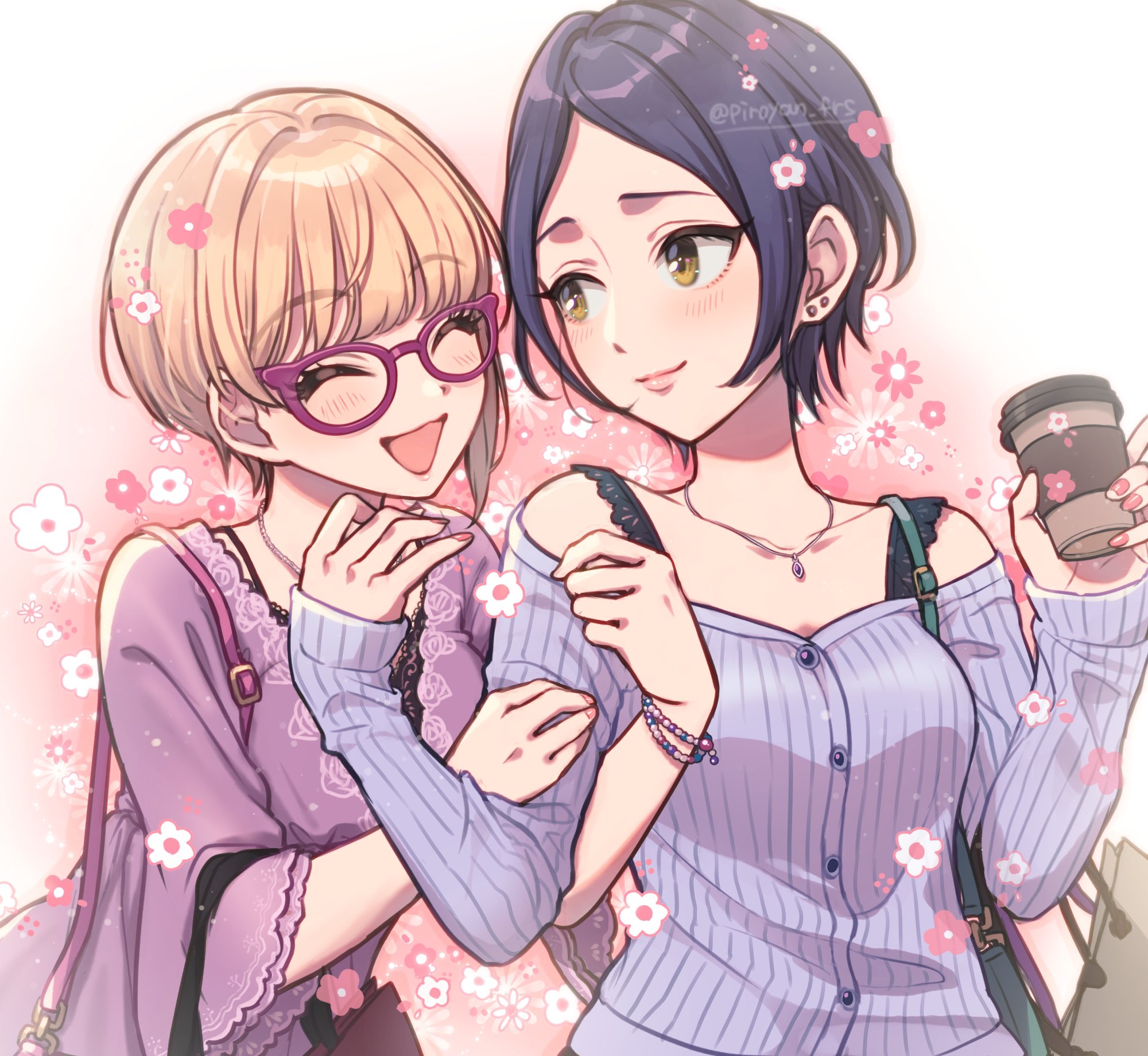 piroyan, hayami kanade, miyamoto frederica, idolmaster, idolmaster cinderella girls, 2girls, blonde hair, blue hair, bracelet, closed eyes, cup, disposable cup, earrings, flower, glasses, holding, jewelry, multiple girls, necklace, open mouth, watermark, yellow eyes