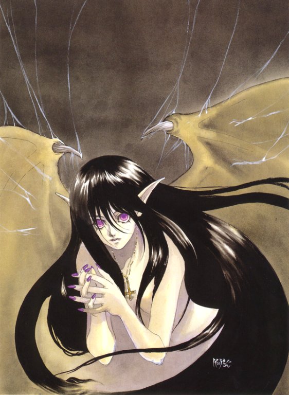 artist request, character request, source request, 1girl, black hair, cross, demon girl, demon wings, female focus, glowing, glowing eyes, jewelry, long hair, nail polish, necklace, nude, pointy ears, purple eyes, purple nails, silk, solo, spider web, very long hair, wings