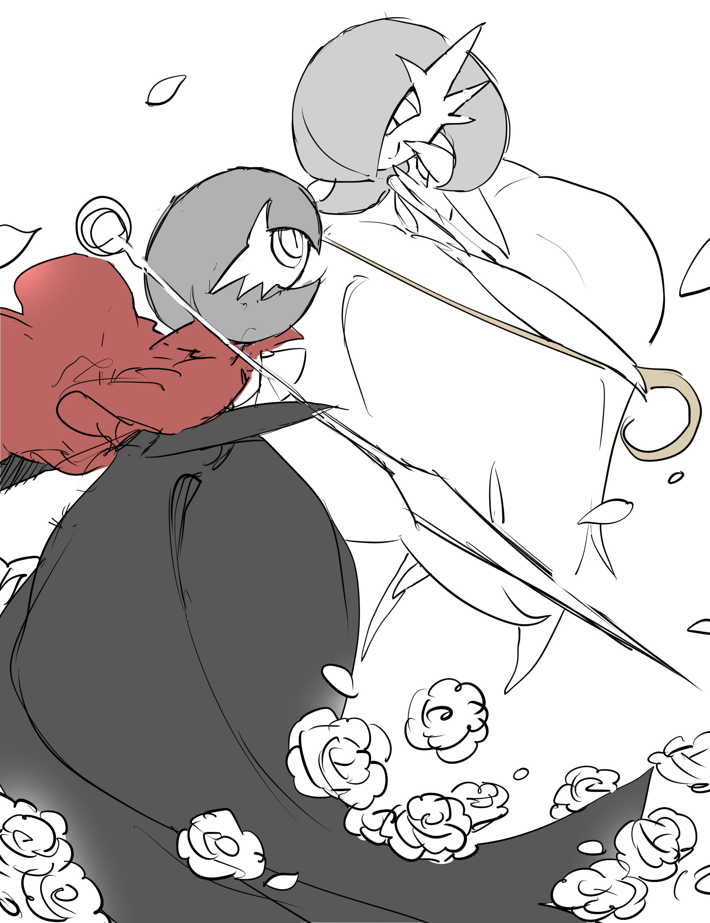 sok (mr14 c), gardevoir, hornet (hollow knight), lace (hollow knight), mega gardevoir, hollow knight, hollow knight: silksong, nintendo, pokemon, 2girls, bob cut, cloak, closed mouth, cosplay, dress, elbow gloves, eye contact, female focus, flower, gen 3 pokemon, gloves, hair over one eye, hand to own mouth, hand up, happy, holding, holding weapon, hornet (hollow knight) (cosplay), lace (hollow knight) (cosplay), long dress, looking at another, mega pokemon, multiple girls, needle (hollow knight), one eye covered, partially colored, petals, pin (hollow knight), pokemon (creature), red cloak, rose, short hair, sketch, slit pupils, smile, weapon, white background