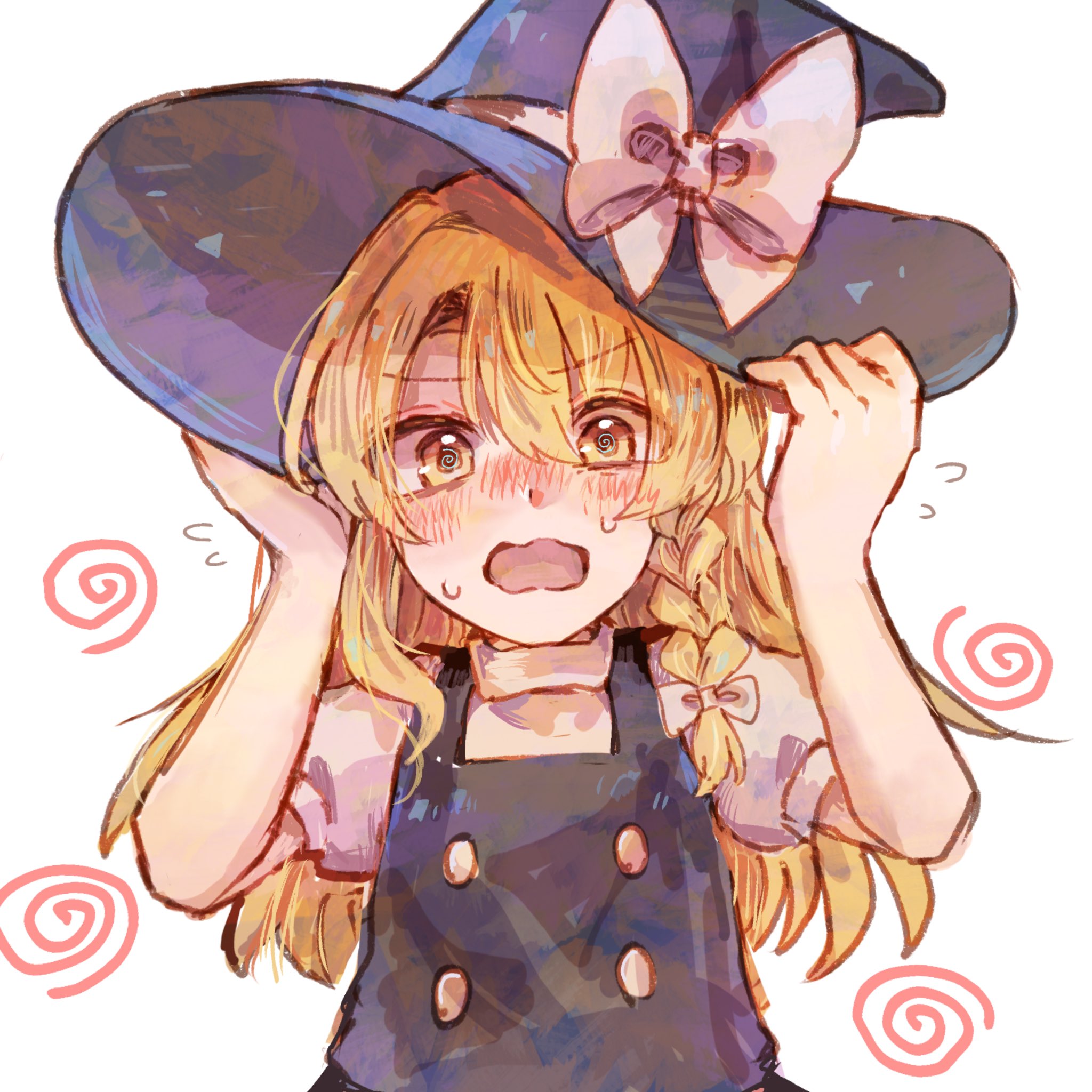 nek0magur0, kirisame marisa, touhou, highres, 1girl, apron, blonde hair, blush, bow, braid, dress, hat, large hat, long hair, open mouth, purple dress, simple background, sleeveless, smile, solo, witch hat
