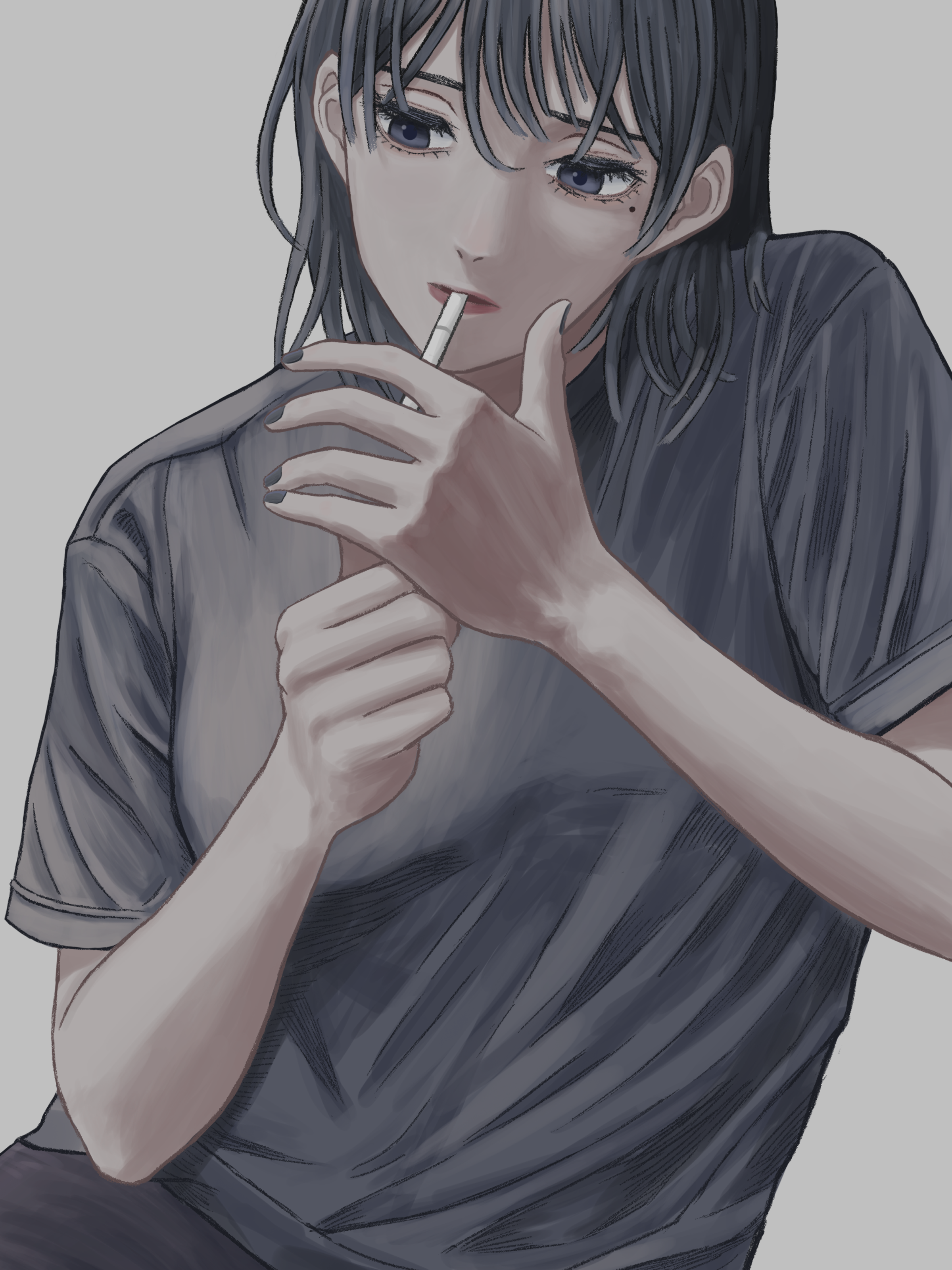 asada asahi, original, absurdres, commentary, highres, 1girl, breasts, cigarette, eyelashes, grey background, grey eyes, grey hair, grey nails, grey pants, grey shirt, hair between eyes, holding, holding cigarette, looking at object, medium hair, mole, mole under eye, pants, parted lips, shirt, short sleeves, simple background, small breasts, smoking, solo, tobacco, upper body
