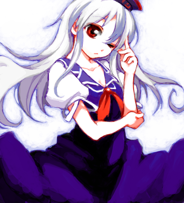 iseki, iseki (kuroshura no tabiji), iseki (otameshi), kamishirasawa keine, touhou, bad id, bad pixiv id, 1girl, :/, female focus, floating hair, hat, head tilt, long hair, one eye closed, red eyes, solo, thinking, white hair, wink