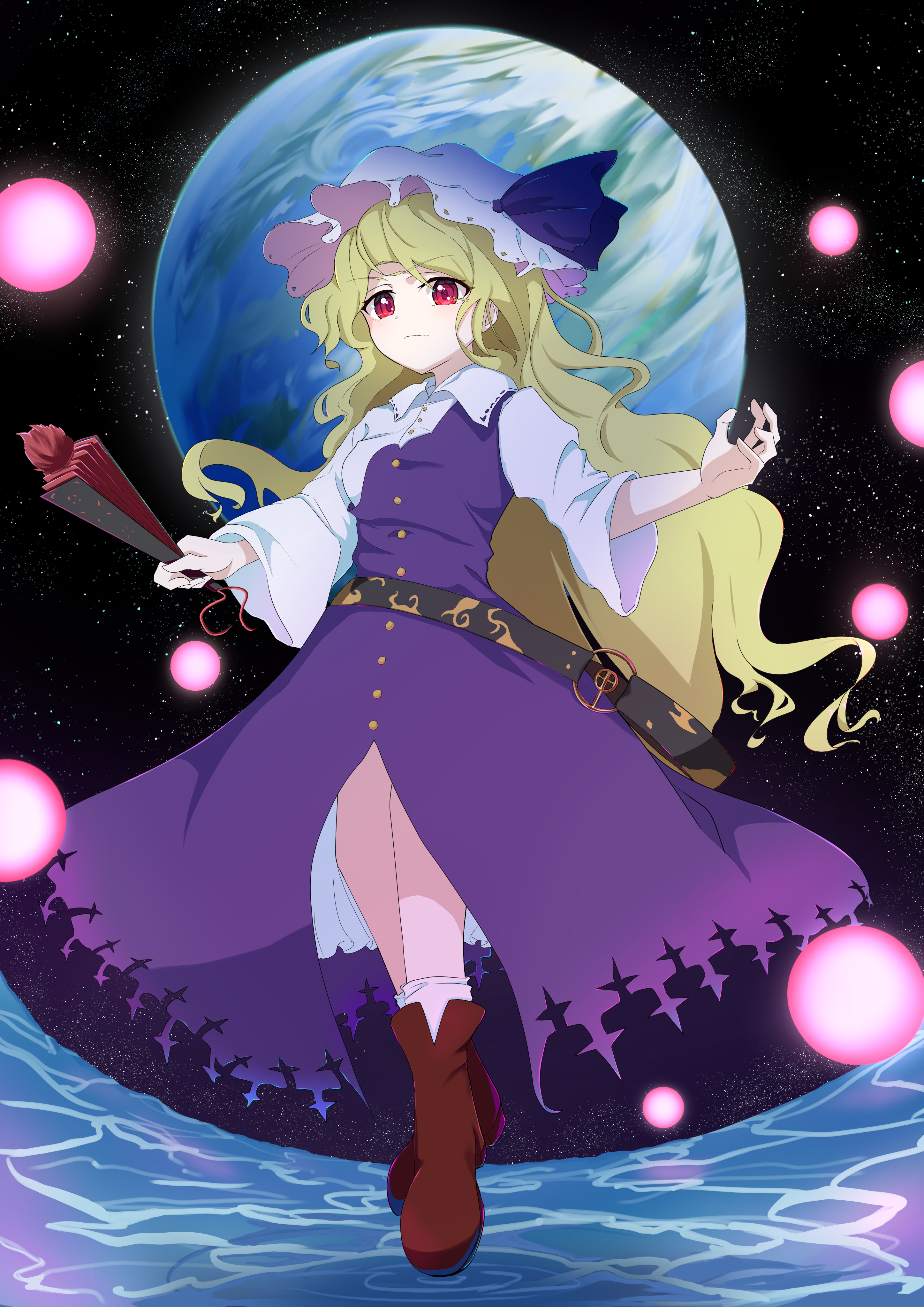 guminemi, watatsuki no toyohime, fossilized wonders, touhou, absurdres, commentary request, highres, 1girl, belt, black belt, blonde hair, boots, breasts, brown boots, closed mouth, collared shirt, danmaku, dress, earth (planet), folded fan, folding fan, full body, hand fan, hat, holding, holding fan, long hair, long sleeves, looking at viewer, loose belt, mob cap, planet, purple dress, red eyes, serious, shirt, socks, solo, space, very long hair, water, wavy hair, white shirt, white socks, wide sleeves