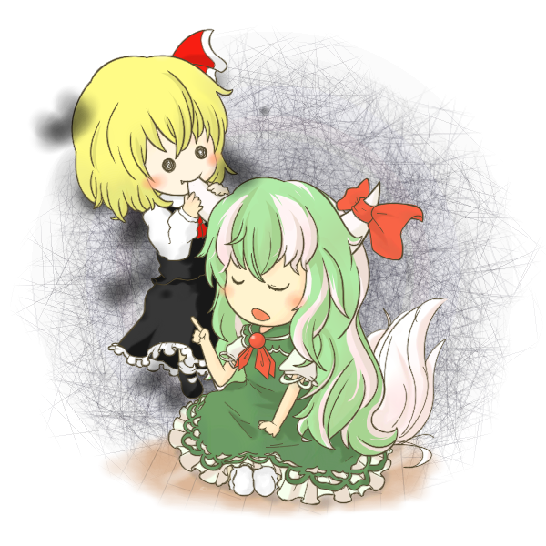 suiyou taruta, suiyoubi, ex-keine, kamishirasawa keine, rumia, embodiment of scarlet devil, shoot the bullet, touhou, 2girls, blonde hair, blush, bow, chibi, dress, eating, fang, female focus, frills, green hair, horns, multiple girls, red eyes, ribbon, tail, white background