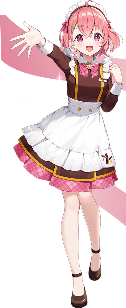 sasaki saku, coco's, nijisanji, artist request, official art, second-party source, 1girl, :d, ahoge, ankle strap, apron, blush, bow, bowtie, breasts, brooch, brown dress, brown shoes, collared dress, crossed bangs, dress, earrings, fang, flats, frills, full body, gem, hair between eyes, hair ornament, hairclip, hands up, jewelry, long sleeves, looking at viewer, maid headdress, mole, mole under eye, name tag, official alternate costume, open mouth, outstretched arm, pink bow, pink bowtie, pink eyes, pink gemstone, pink hair, plaid bow, plaid bowtie, plaid clothes, shoes, short dress, short hair, single earring, sleeve cuffs, small breasts, smile, solo, spread fingers, standing, standing on one leg, star (symbol), transparent background, virtual youtuber, waist apron, waitress, white apron, white headdress