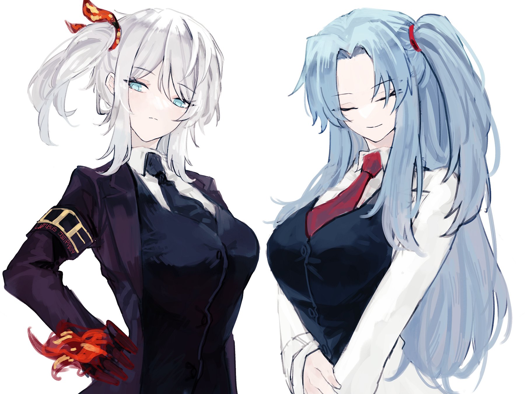 starhoshi, angela (project moon), faust (project moon), limbus company, lobotomy corporation, project moon, highres, 2girls, ardor blossom star (e.g.o), armband, black gloves, black necktie, black vest, blue eyes, blue hair, breasts, brown coat, closed eyes, closed mouth, coat, collared shirt, company name, e.g.o (project moon), fire, gloves, hairband, holding, lab coat, lce (identity) (project moon), long hair, long sleeves, looking at viewer, medium breasts, multiple girls, necktie, parted bangs, pen, red necktie, shirt, short hair, side ponytail, simple background, sleeves past wrists, solo focus, standing, upper body, vest, white coat, white hair, white shirt