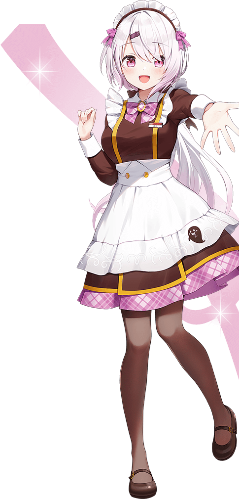shiina yuika, coco's, nijisanji, artist request, official art, second-party source, 1girl, :d, apron, blush, bow, bowtie, breasts, brooch, brown dress, brown pantyhose, brown shoes, collared dress, dress, frills, full body, gem, hair ornament, hairclip, hands up, jewelry, long hair, long sleeves, looking at viewer, maid headdress, mary janes, medium breasts, name tag, official alternate costume, open mouth, outstretched arm, pantyhose, pink eyes, plaid bow, plaid bowtie, plaid clothes, purple bow, purple bowtie, purple gemstone, shoes, short dress, sleeve cuffs, smile, solo, spread fingers, standing, standing on one leg, star (symbol), transparent background, very long hair, virtual youtuber, waist apron, waitress, white apron, white hair, white headdress