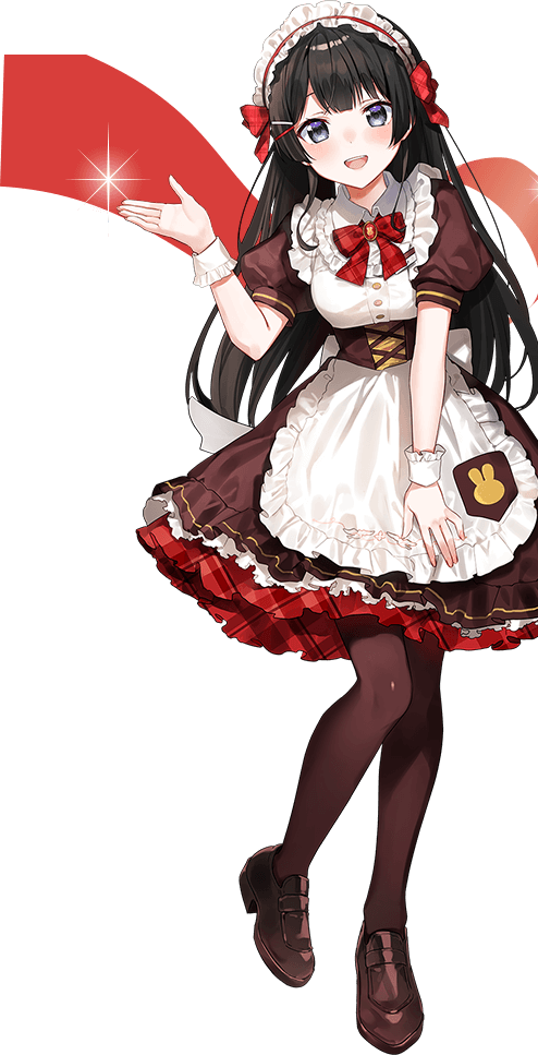 tsukino mito, coco's, nijisanji, artist request, official art, second-party source, 1girl, :d, apron, black hair, blush, bow, bowtie, breasts, brooch, brown corset, brown dress, brown pantyhose, brown shoes, corset, dress, frilled apron, frilled dress, frilled hairband, frilled wrist cuffs, frills, full body, gem, hair ornament, hairband, hairpin, hand up, jewelry, loafers, long hair, looking at viewer, low block heels, maid, maid apron, multiple hairpins, name tag, official alternate costume, open mouth, pantyhose, plaid bow, plaid bowtie, plaid clothes, puffy short sleeves, puffy sleeves, purple eyes, red bow, red bowtie, red gemstone, red hairband, shoes, short dress, short sleeves, small breasts, smile, solo, standing, standing on one leg, star (symbol), teeth, transparent background, underbust, upper teeth only, very long hair, virtual youtuber, white apron, white wrist cuffs, wrist cuffs
