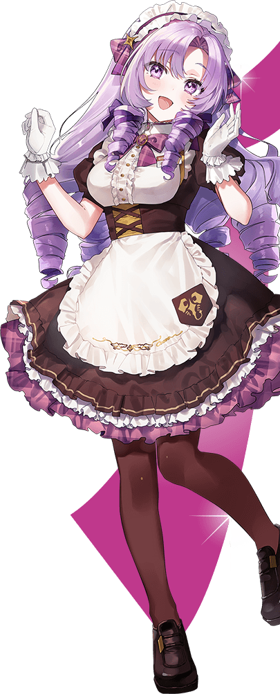 hyakumantenbara salome, coco's, nijisanji, artist request, official art, second-party source, 1girl, :d, apron, blush, bow, bowtie, breasts, brooch, brown corset, brown dress, brown pantyhose, brown shoes, corset, curtained hair, dress, drill hair, drill sidelocks, frilled apron, frilled dress, frilled gloves, frilled hairband, frills, full body, gem, gloves, hair ribbon, hairband, hands up, head tilt, jewelry, loafers, long hair, long sidelocks, looking at viewer, maid, maid apron, medium breasts, name tag, official alternate costume, open mouth, pantyhose, parted bangs, plaid bow, plaid bowtie, plaid clothes, puffy short sleeves, puffy sleeves, purple bow, purple bowtie, purple eyes, purple gemstone, purple hair, purple hairband, purple ribbon, ribbon, shoes, short dress, short sleeves, sidelocks, smile, solo, standing, standing on one leg, star (symbol), star in eye, symbol in eye, transparent background, underbust, very long hair, virtual youtuber, white apron, white gloves