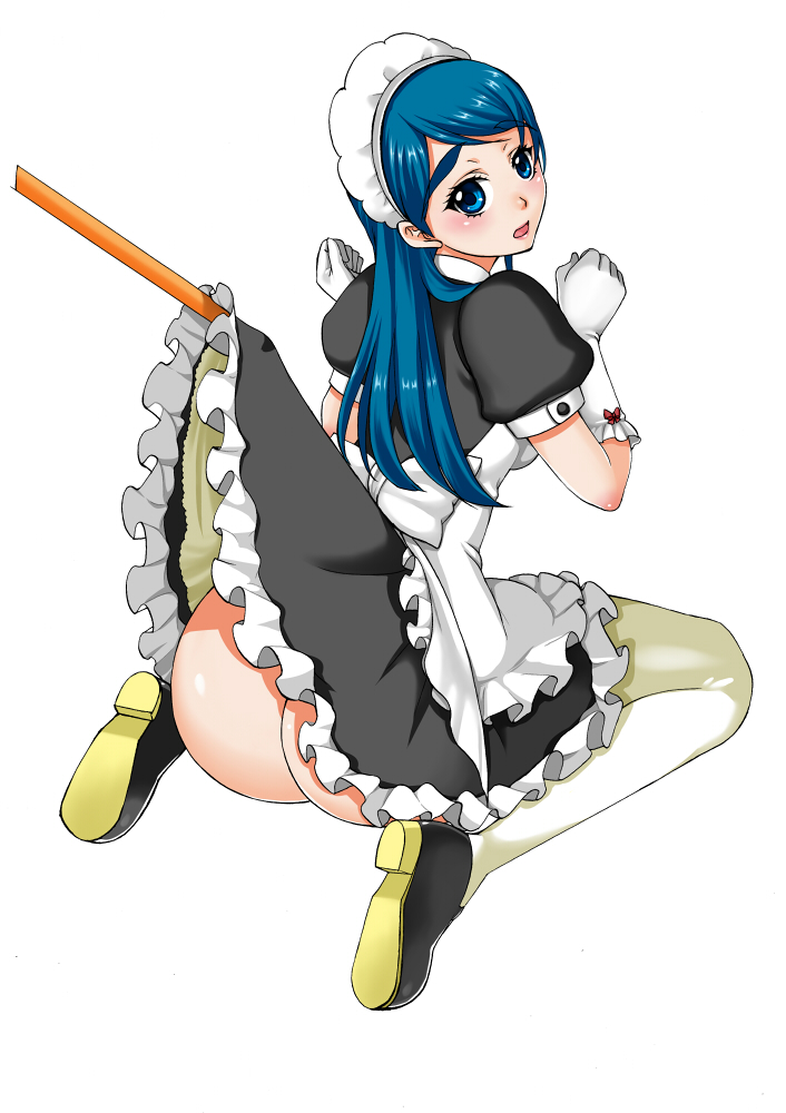 yamada ichizoku, minazuki karen, precure, yes! precure 5, 00s, ass, blue eyes, blue hair, clothes lift, gloves, long hair, maid, no panties, sitting, skirt, skirt lift, solo