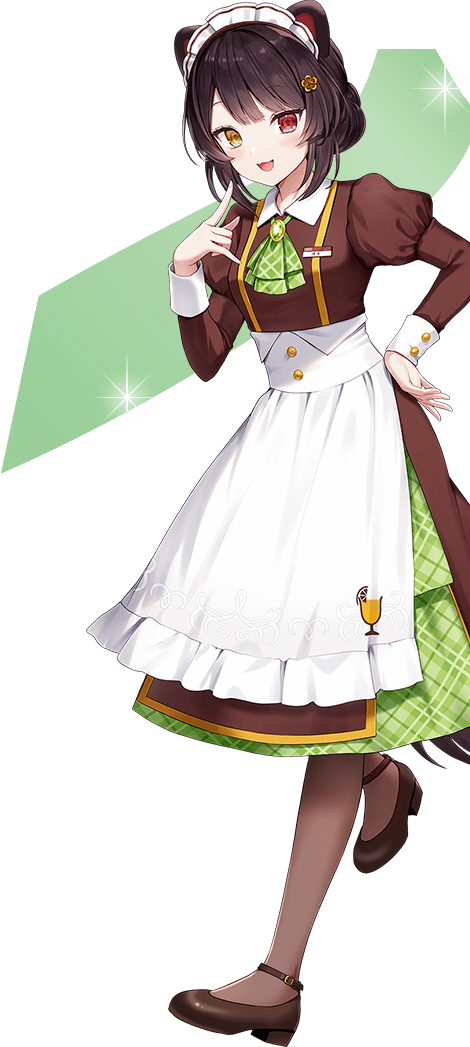 inui toko, coco's, nijisanji, artist request, official art, second-party source, 1girl, :d, m/, animal ears, ankle strap, apron, ascot, blush, breasts, brooch, brown dress, brown hair, brown pantyhose, brown shoes, collared dress, dog ears, dress, fangs, flower, full body, gem, green ascot, green dress, green gemstone, hair flower, hair ornament, hand on own hip, hand up, heterochromia, index finger raised, jewelry, juliet sleeves, layered dress, long sleeves, looking at viewer, low block heels, maid headdress, medium dress, name tag, official alternate costume, open mouth, pantyhose, plaid ascot, plaid clothes, plaid dress, puffy sleeves, red eyes, shoes, sleeve cuffs, slip-on shoes, small breasts, smile, solo, standing, standing on one leg, star (symbol), swept bangs, transparent background, updo, virtual youtuber, waist apron, waitress, white apron, white headdress, yellow eyes