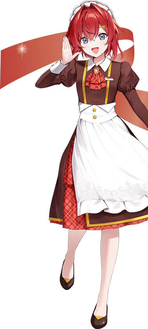 ange katrina, coco's, nijisanji, artist request, official art, second-party source, 1girl, :d, apron, ascot, blue eyes, blush, breasts, brooch, brown dress, brown shoes, collared dress, crossed bangs, dress, flats, full body, gem, hair between eyes, hair intakes, hair ornament, hand up, jewelry, juliet sleeves, layered dress, long sleeves, looking at viewer, maid headdress, medium dress, medium hair, name tag, official alternate costume, open mouth, plaid ascot, plaid clothes, plaid dress, puffy sleeves, red ascot, red dress, red gemstone, red hair, shoes, sleeve cuffs, small breasts, smile, solo, standing, standing on one leg, star (symbol), transparent background, triangle hair ornament, virtual youtuber, waist apron, waitress, white apron, white headdress